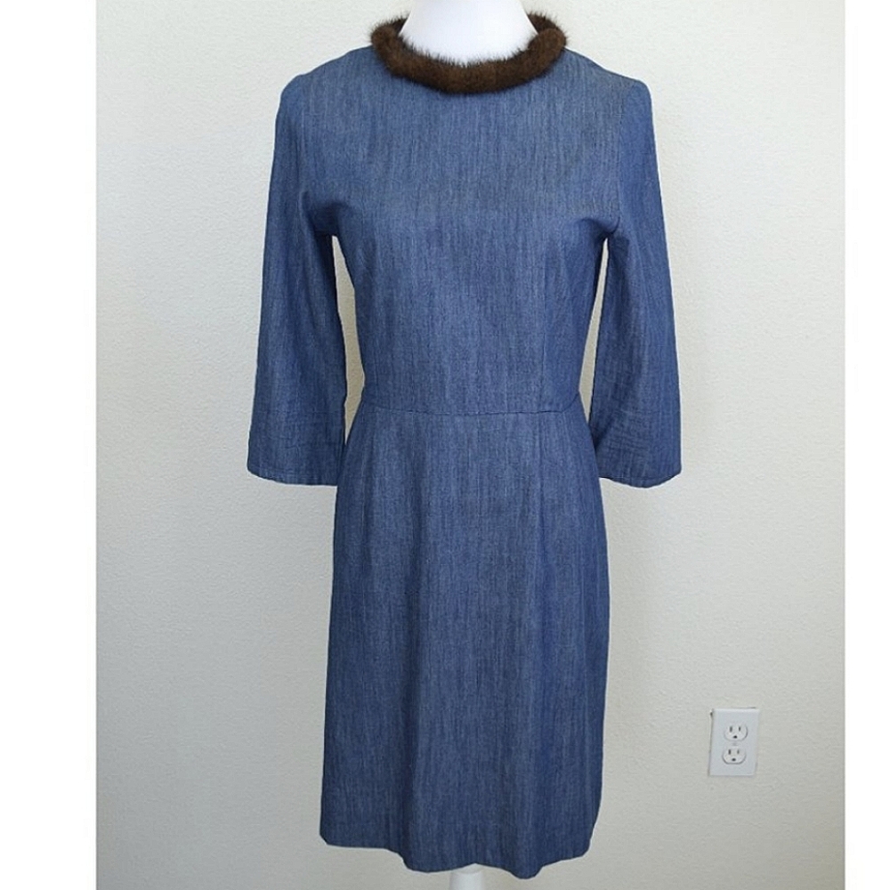 Vilagallo Chambray Mink Fur Collar Sheath Dress